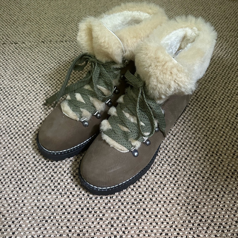 J Crew Women's Faux Fur-Lined Leather Boots with Shearling Trim in Olive Green